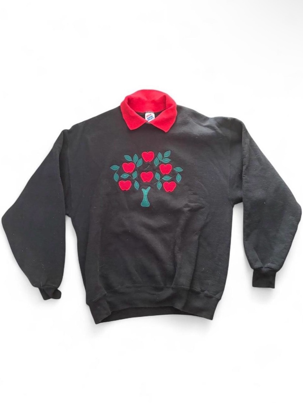80s VTG Jerzees Black Sweatshirt with Red Collar and Red Apple Tree Motif